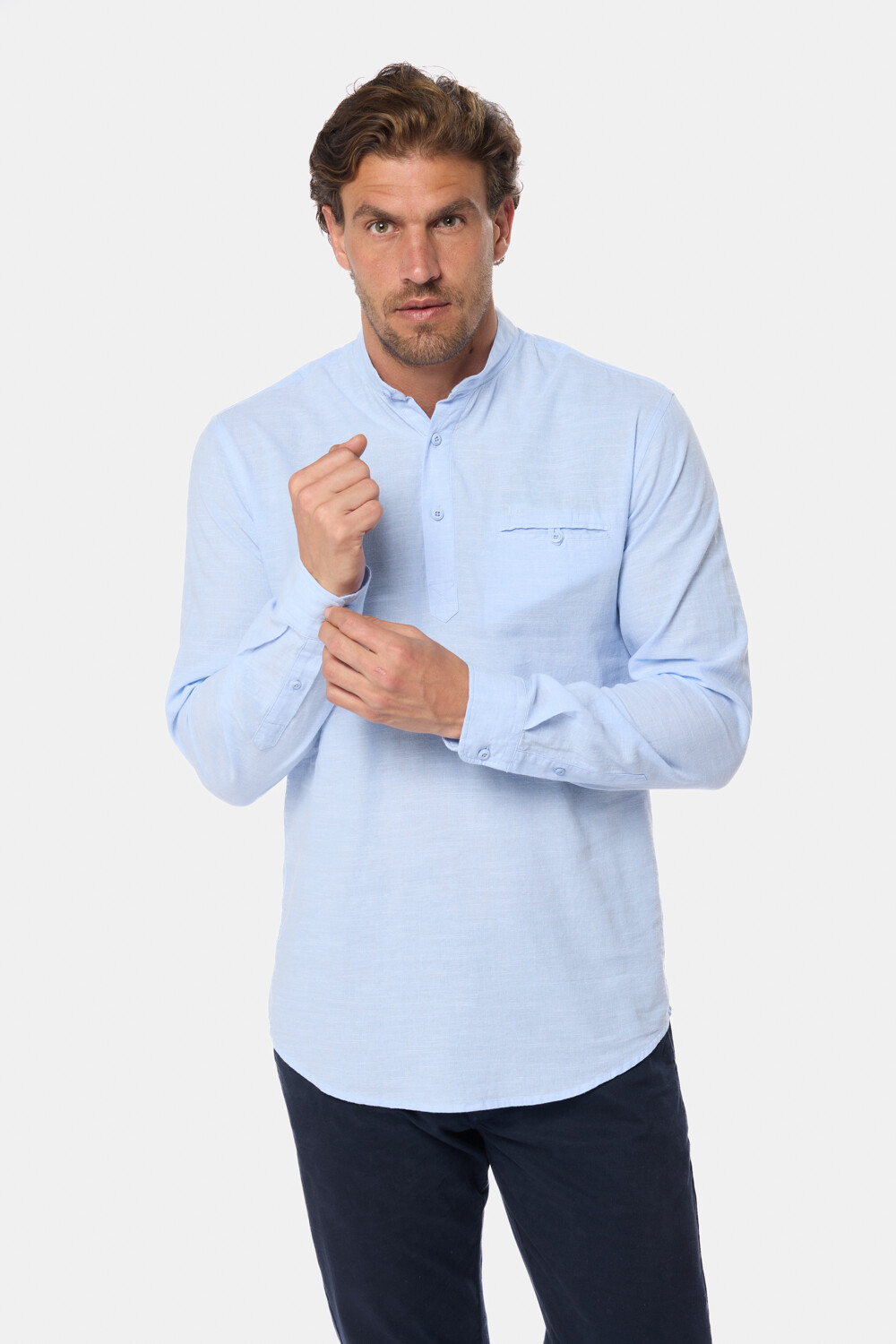 CAMISA DE LINO CUELLO MAO Azul