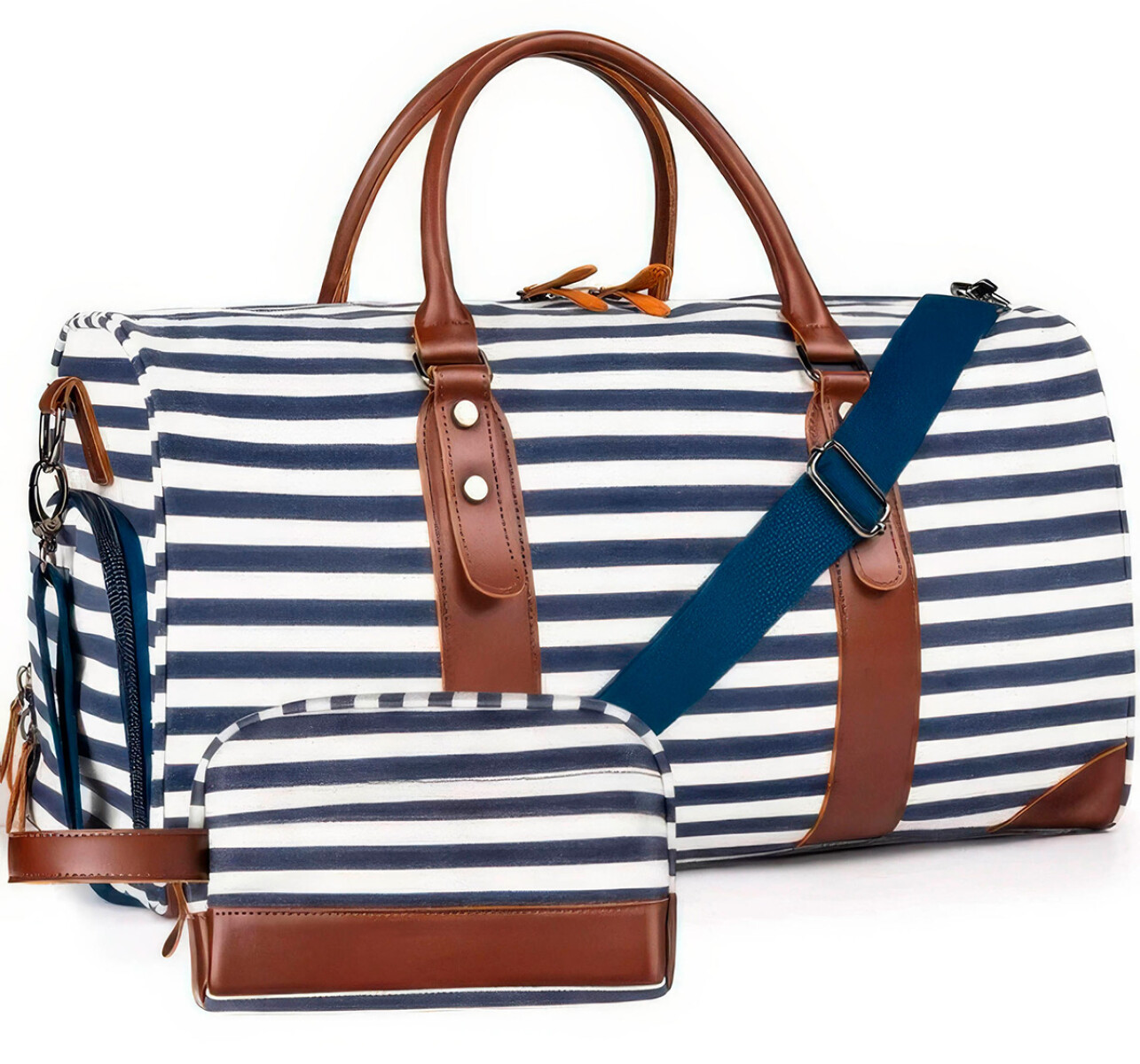 Bolso de viaje rayado + cosmetiquero 