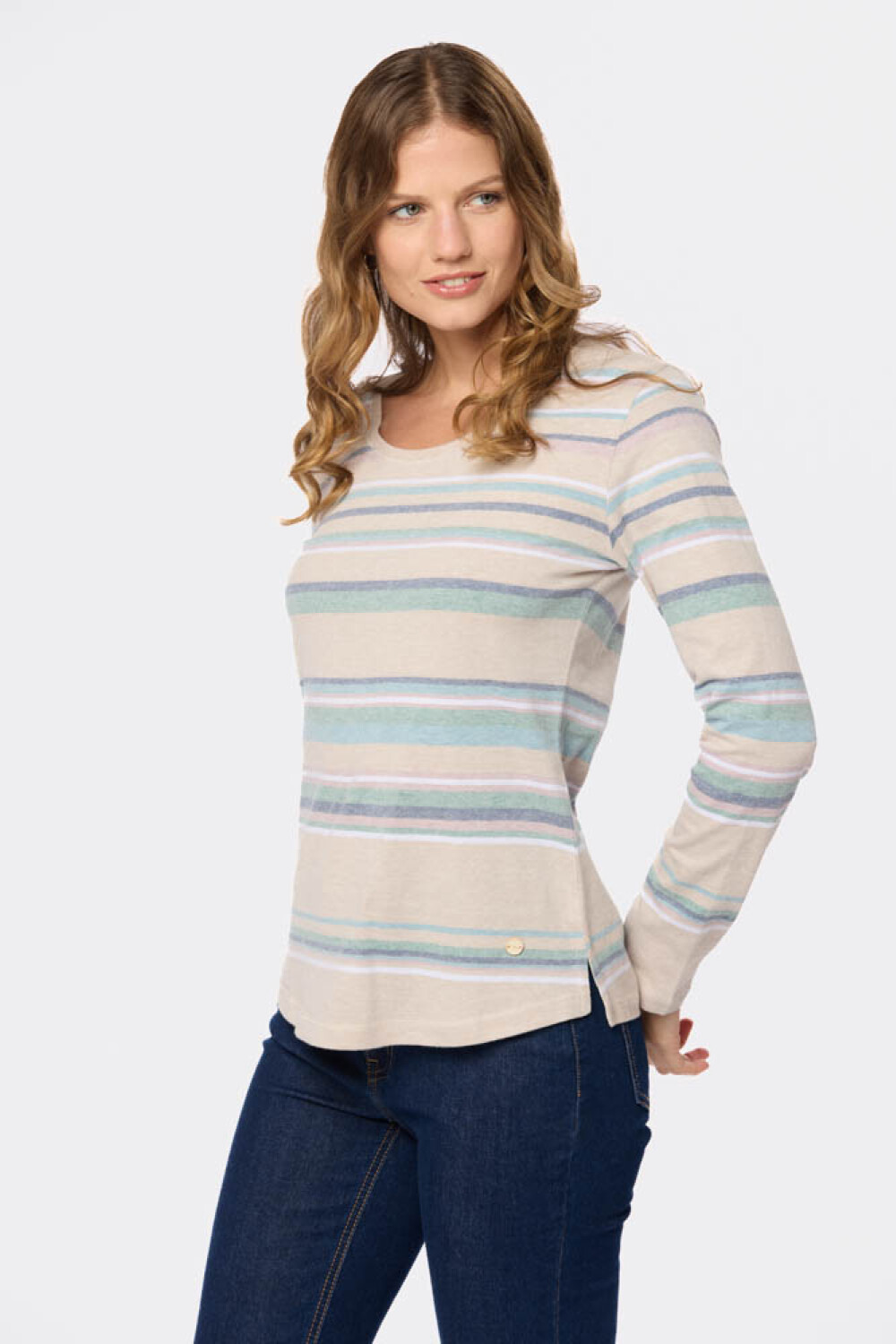 REMERA RAYADA MANGA LARGA Beige