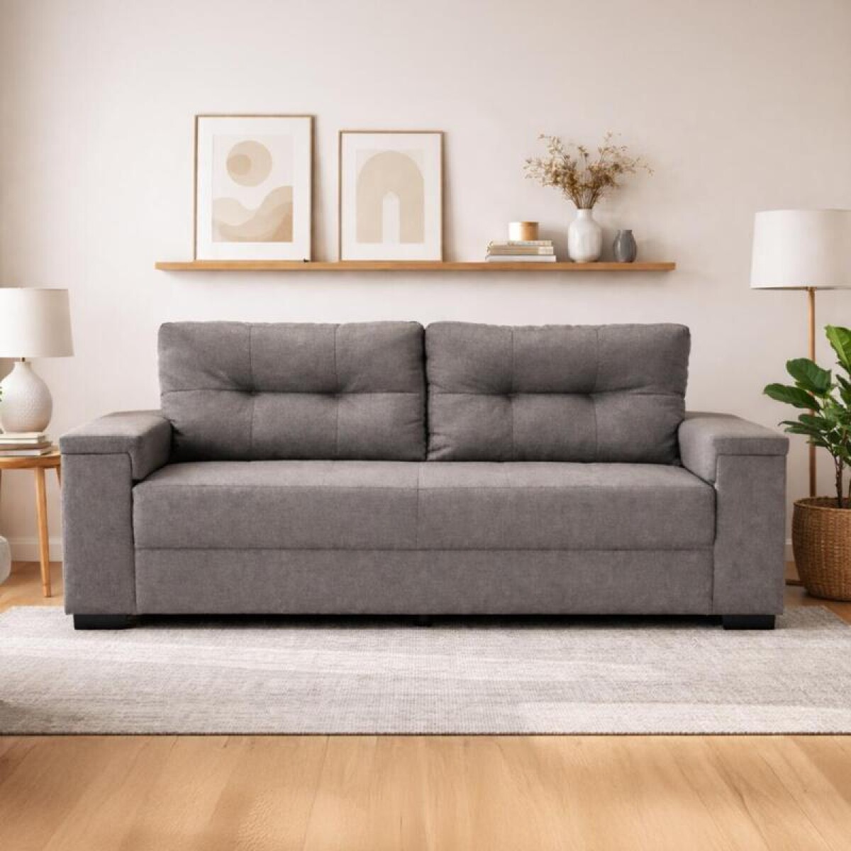 Sillón Sofá de 3 Cuerpos Amsterdam en Lino– Estructura de Madera Maciza y Confort Soft Color Gris 