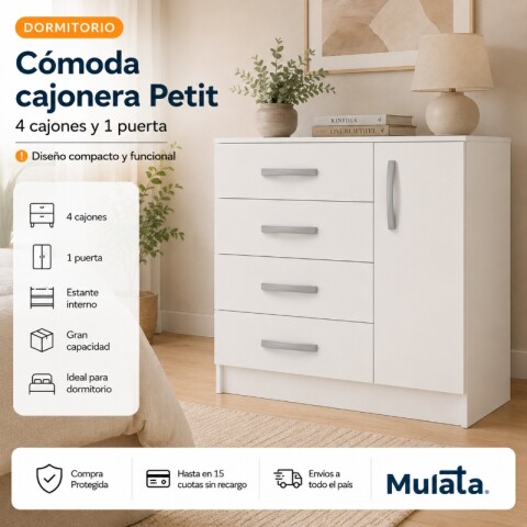 Comoda Cajonera Petit para Dormitorio de 4 Cajones 1 Puerta - FE - Blanco Comoda Cajonera Petit para Dormitorio de 4 Cajones 1 Puerta - FE - Blanco