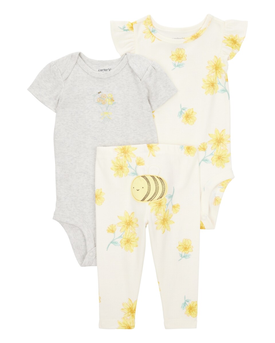 Set tres piezas de algodón, pantalón y dos bodies, diseño floral 