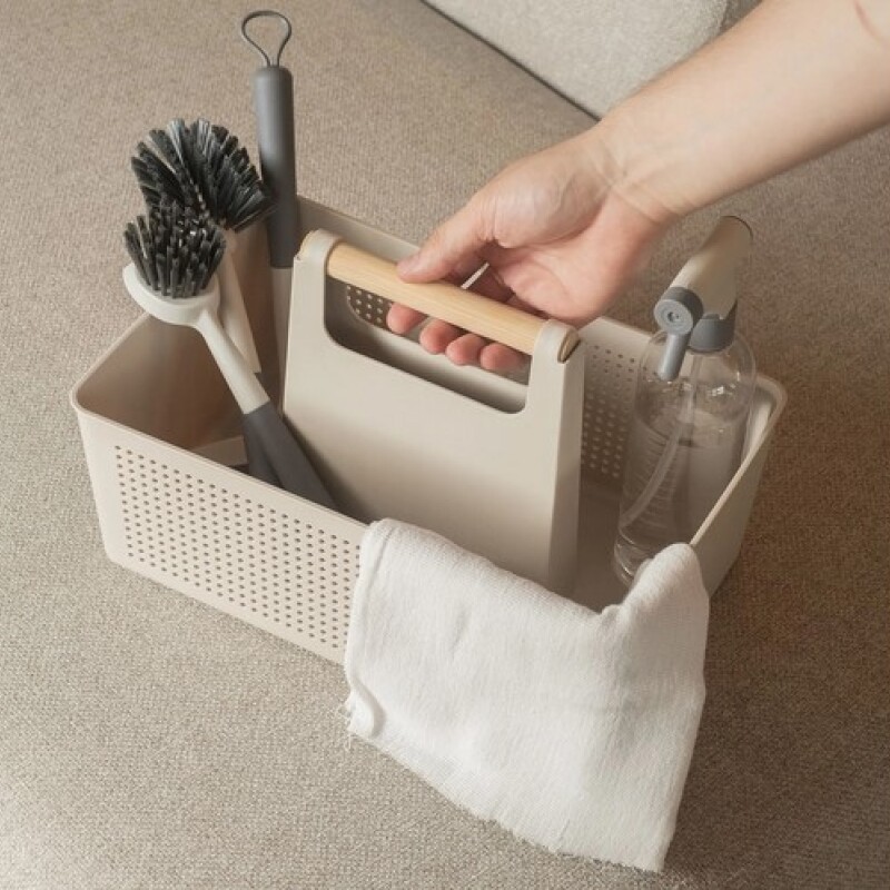 Cesto Organizador con manija de madera Beige