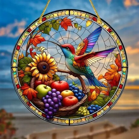 Cuadro Redondo Estilo Vitral Colibrí En Bodegón