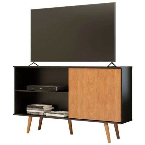 Mueble Rack de Tv de Piso con Puerta y Estantes 136 cm de Ancho - Negro / Freijo Mueble Rack de Tv de Piso con Puerta y Estantes 136 cm de Ancho - Negro / Freijo