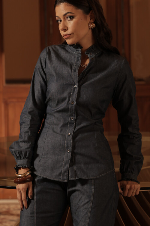 CAMISA C076/09 M/L CUELLO MAO CON AÑADIDO EN FRUNCE EN PUÑO Y ESCOTE Azul