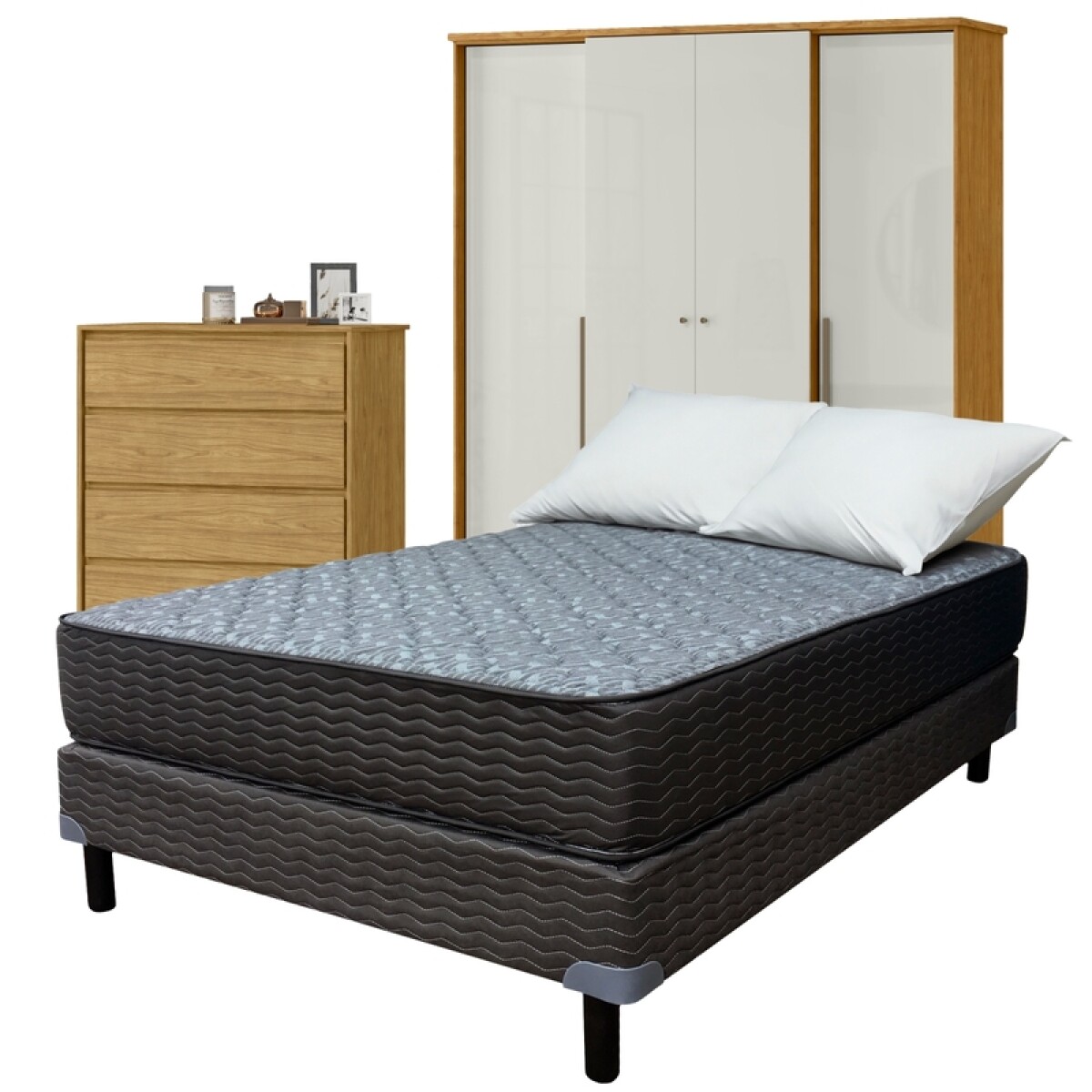 Juego de Dormitorio Sommier Zafiro Black 2 Plazas Ropero Mónaco 4 Puertas y Cómoda Carla 4 Cajones 