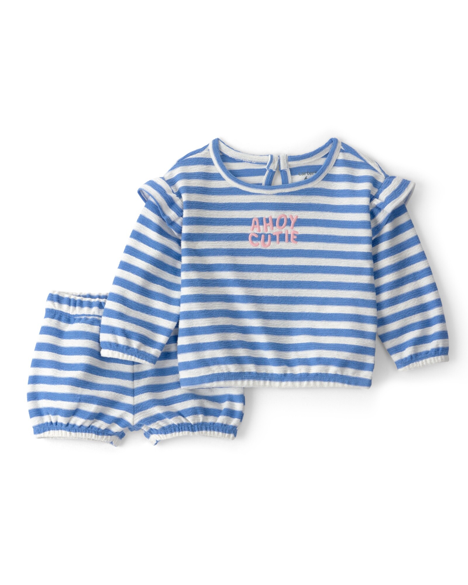 Set dos piezas de algodón, short y remera manga larga, azul y blanco, diseño a rayas Sin color