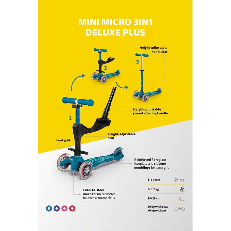 Monopatín Mini Micro 3 en 1 Deluxe Plus Led Azul