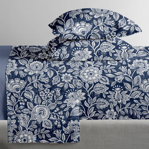 Juego Sábanas Queen Size Richmond House Estampada 100% Microfibra 307 FLOR AZUL