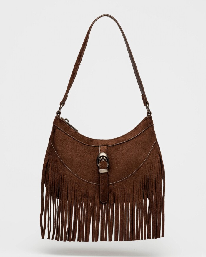 Cartera al hombro Western en efecto gamuza Chocolate