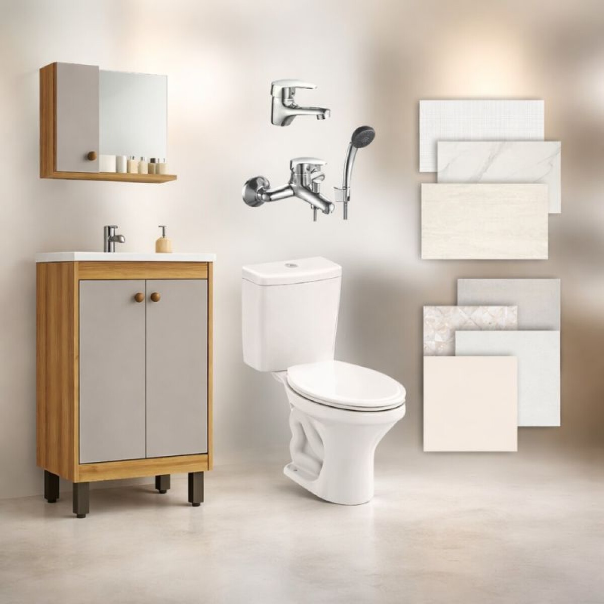 BAÑO COMPLETO N°2 INODORO CON MOCHILA + MUEBLE DE BAÑO 45 CM CON ESPEJO + GRIFERIA + CERAMICA DE PISO Y PARED 