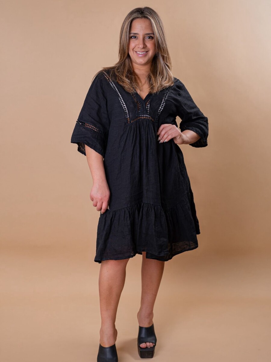 Vestido 100% lino con broderie NEGRO