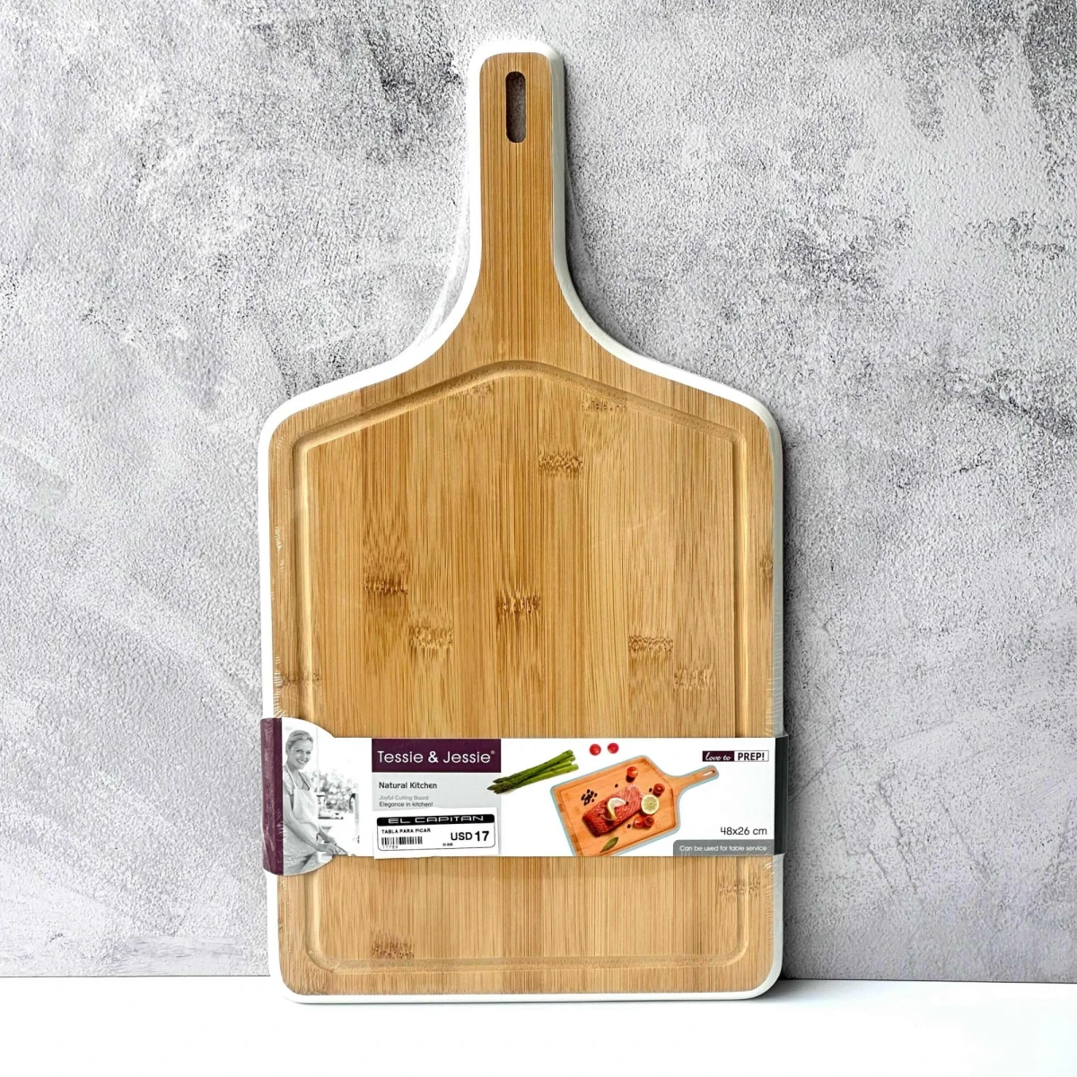 Tabla Bambú Rectangular c/Mango de Cocina 48cm x 26cm x 1.2cm 