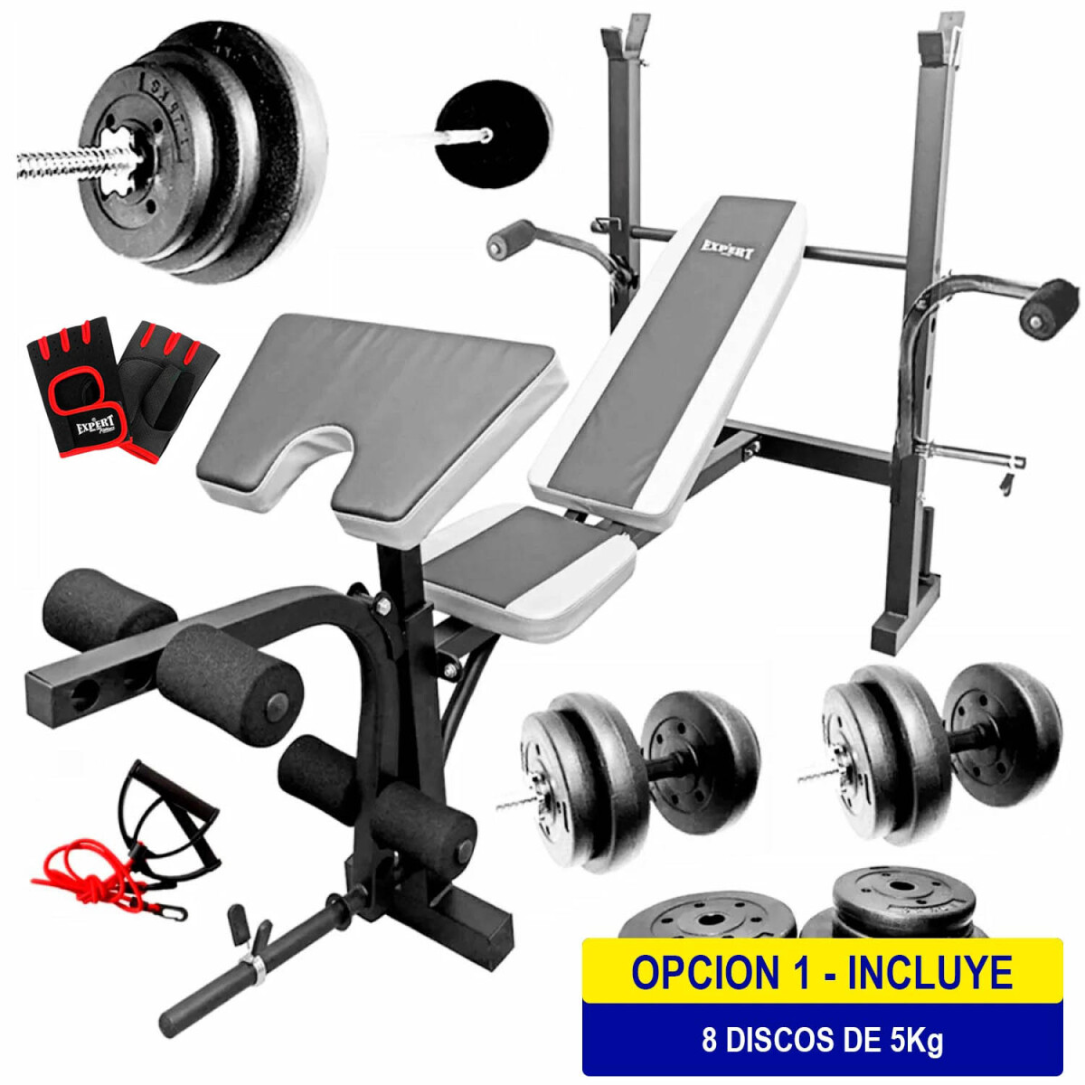 Banco Pecho + Scott + Barra 150 +2 Mancuernas +40kg - 8 Discos 5kg 