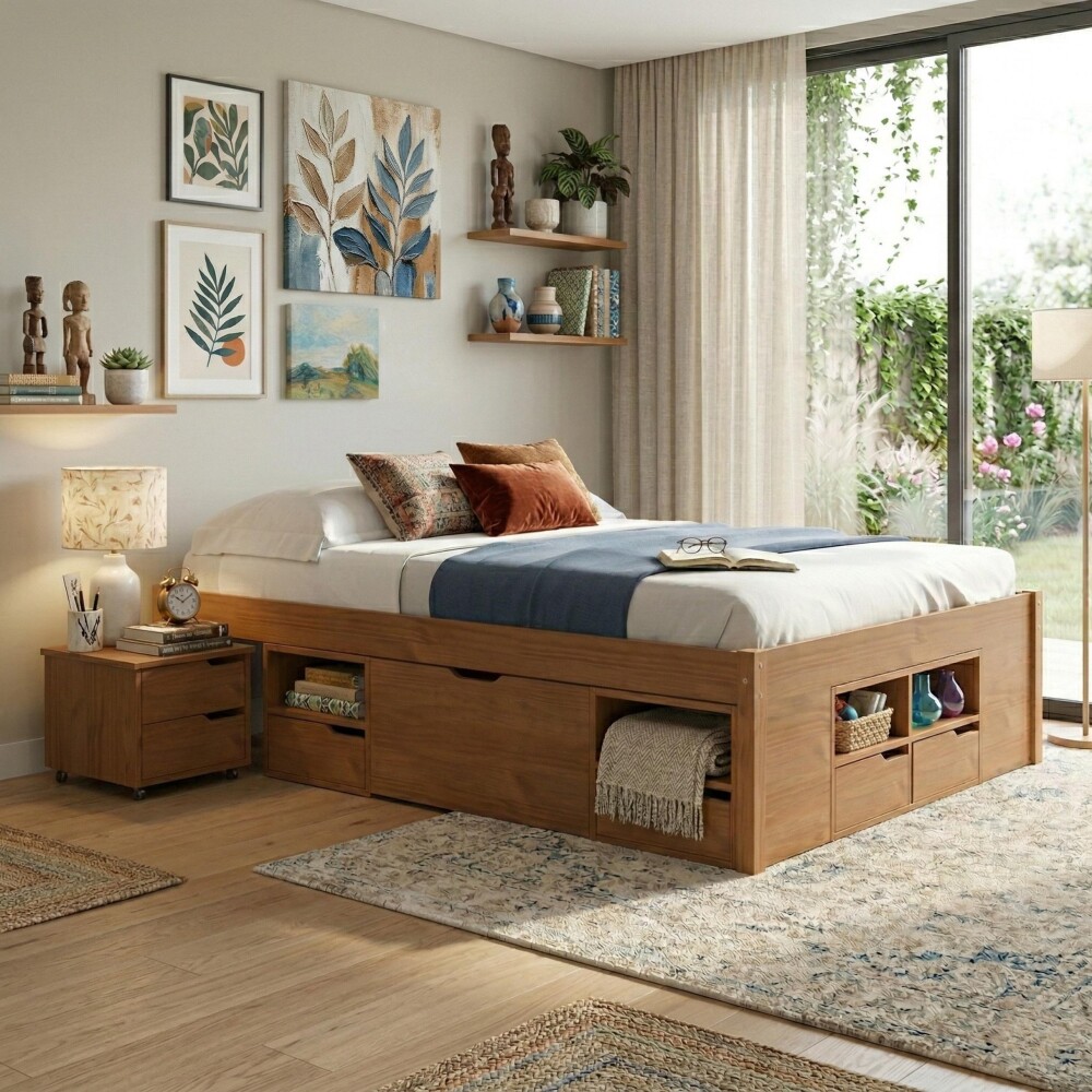 Cama Madera Maciza - 4 Cajones - Queen - Linea charme Amendoa