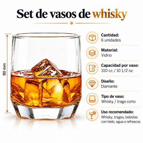 Set de 6 Vasos Whisky 310cc Diseño Diamante Transparente