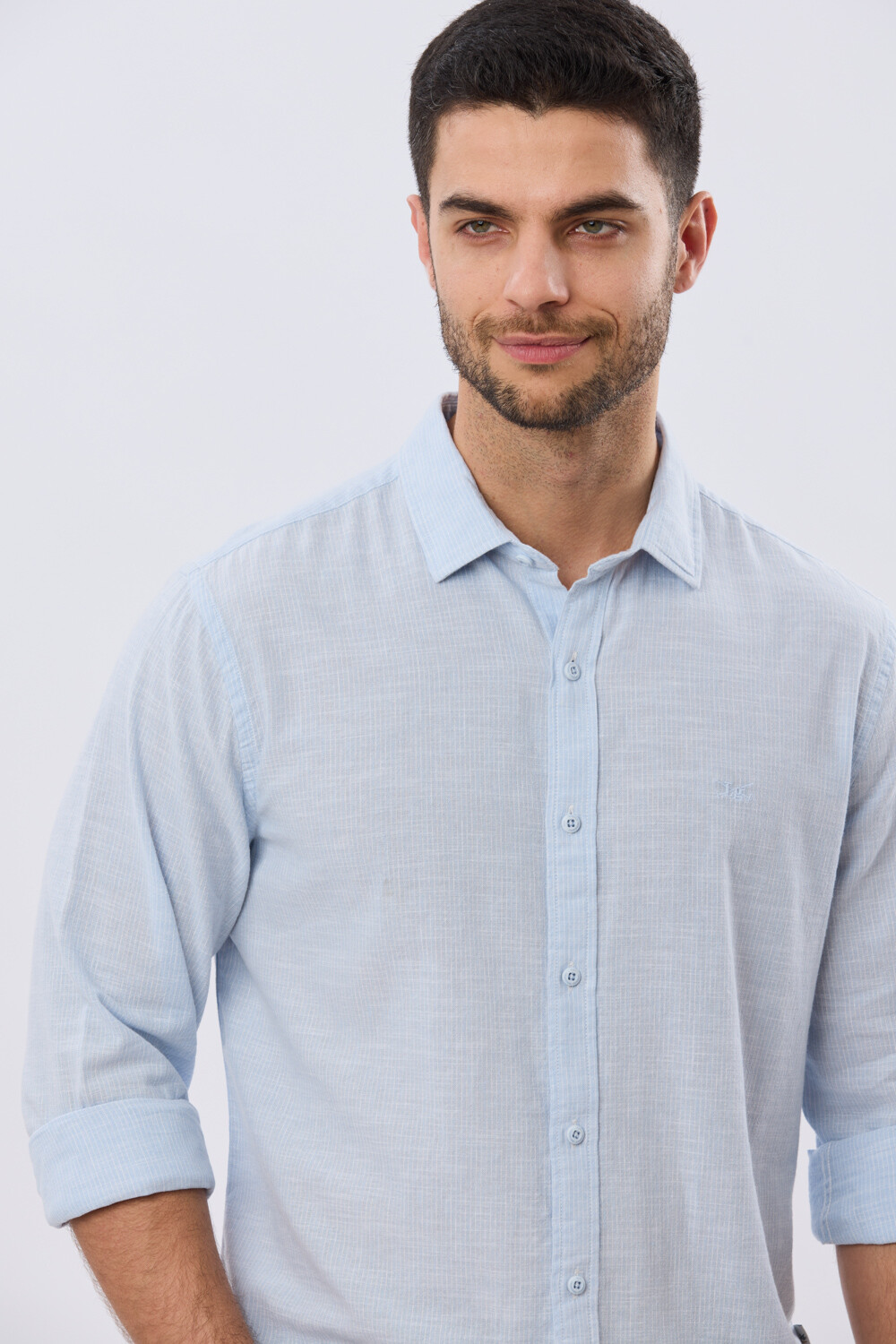 CAMISA RAYADA DE LINO Celeste