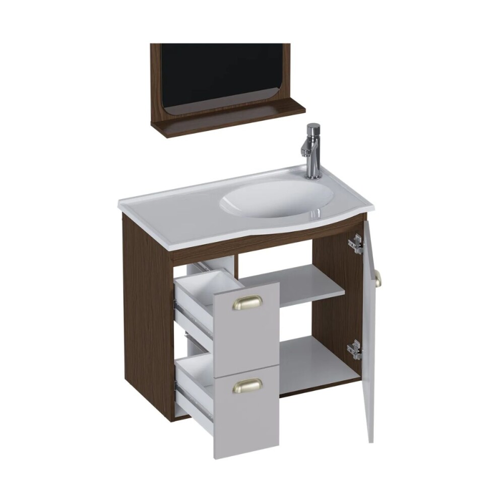Mueble de baño suspendido Jataí Nogal/Nude 60cm con espejo 40 cm Nogal Mueble De Baño Suspendido Jataí Nogal/nude 60cm Con Espejo 40 Cm Nogal
