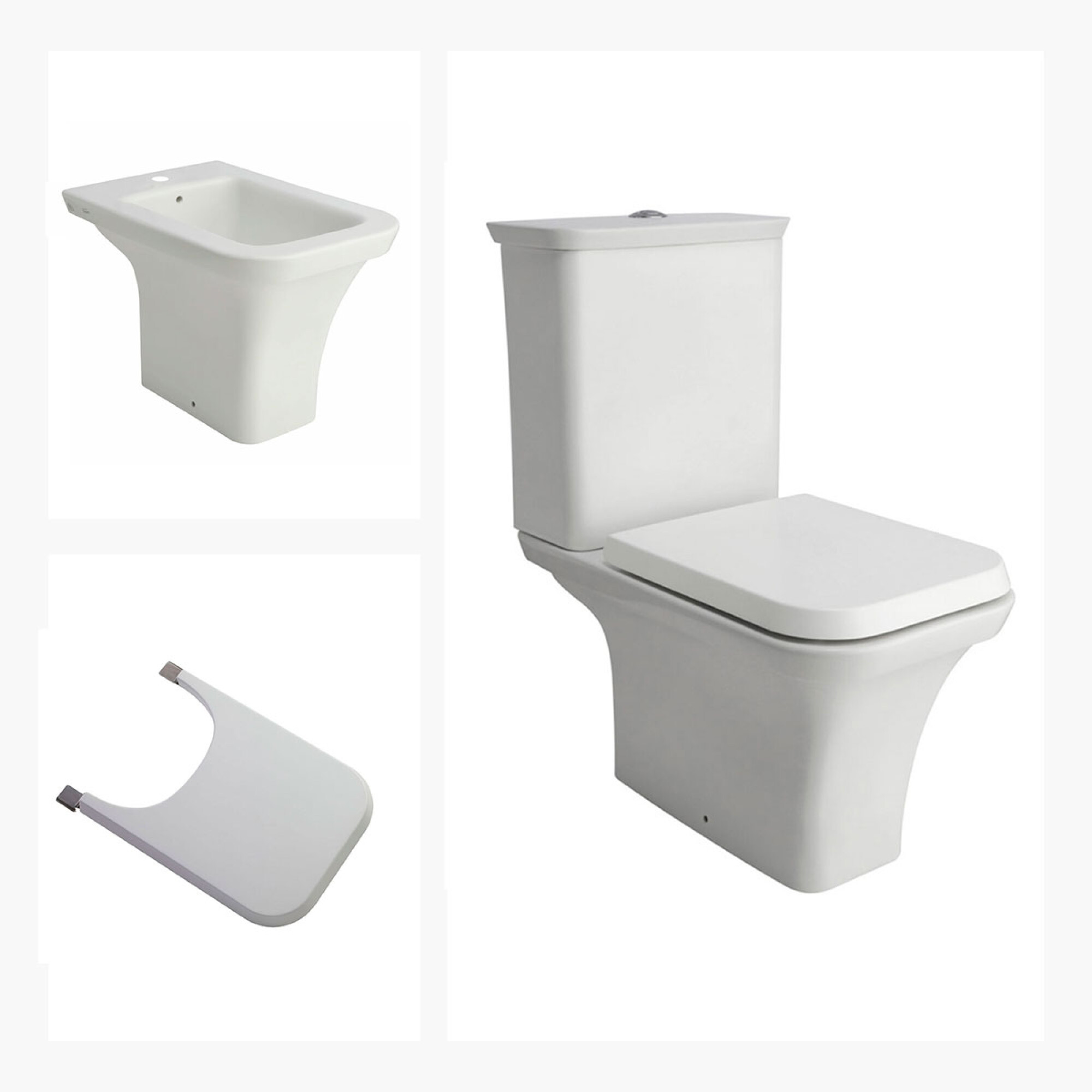 JUEGO DE LOZA BLANCO INODORO DESCARGA A 25CM MOCHILA TAPA BIDET 1 AGUJ Y TAPA PARA BIDET LINEA MILENA MARCA FERRUM Acher Ceramicas