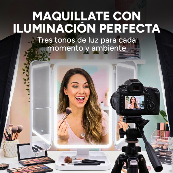 Espejo De Maquillaje Luz Led Triple Panel Aumento 2x 3x USB Blanco