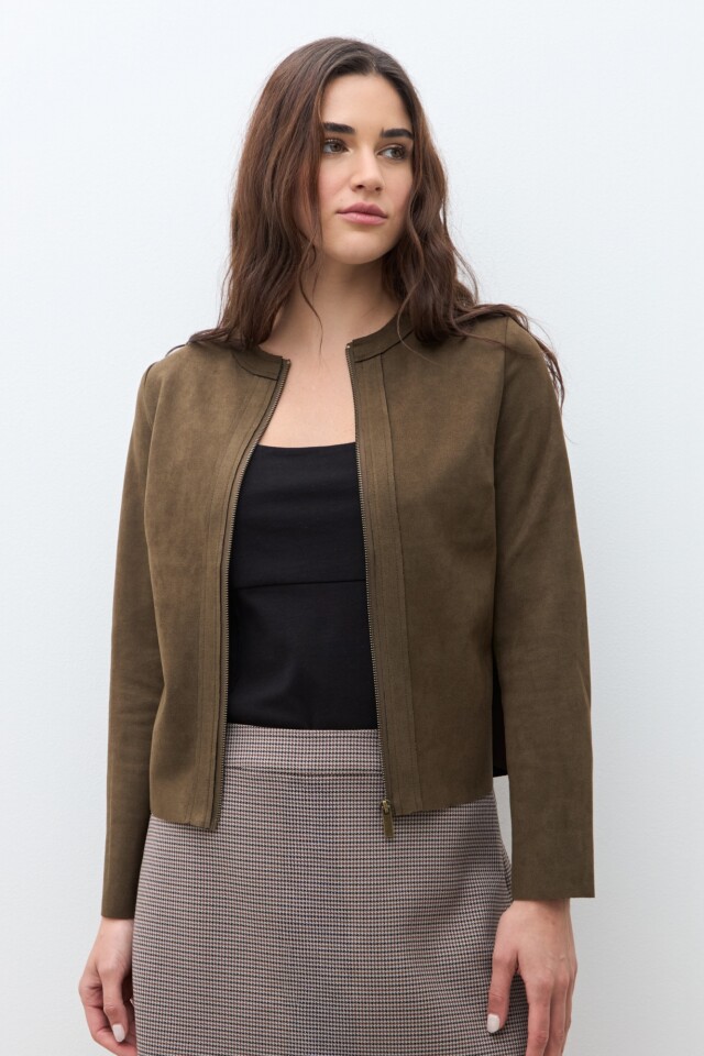 Chaqueta simil gamuza con cierre verde oliva