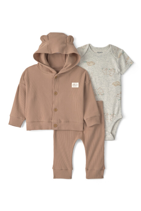 Set tres piezas de algodón, pantalón, body y saco con capucha, marrón y gris, diseño osos Sin color