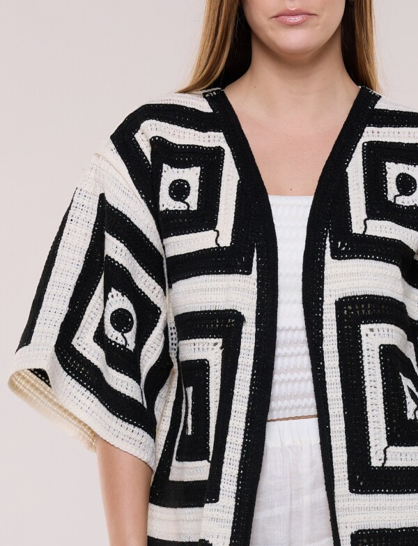 Cardigan Largo Crochet Mangas Kimono NEGRO
