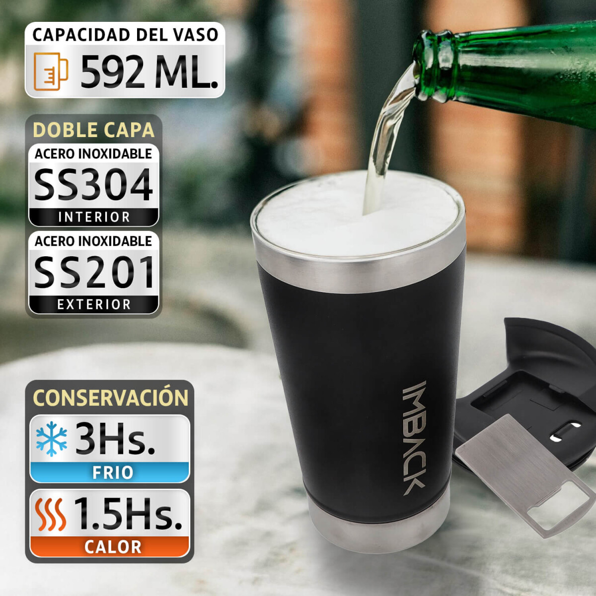 Vaso Termico De 592ml Acero Inoxidable Doble Capa Con Tapa Color Negro 