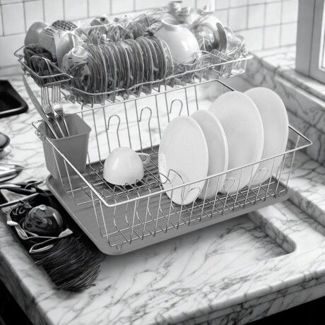 Escurridor para platos Selecta cromado con bandeja y cubiertero Gris
