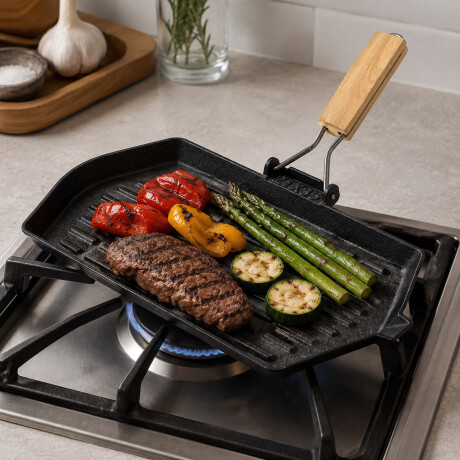 Plancha Grill en Hierro c/ Mango Rebatible en Madera 21x35Cm Negro