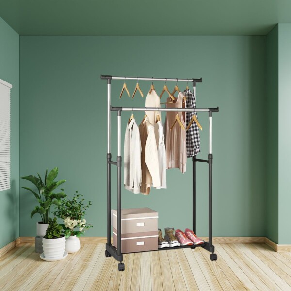 Perchero de Pie Organizador de Ropa Doble de Acero Inoxidable con Ruedas Perchero de Pie Organizador de Ropa Doble de Acero Inoxidable con Ruedas