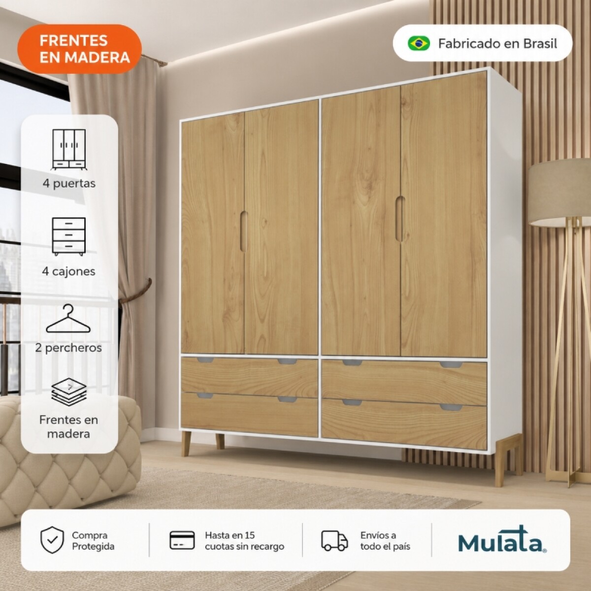 Ropero Armario de 4 Puertas, 2 Percheros y 4 Cajones en MDP - Madera - Línea Melilla - Blanco 