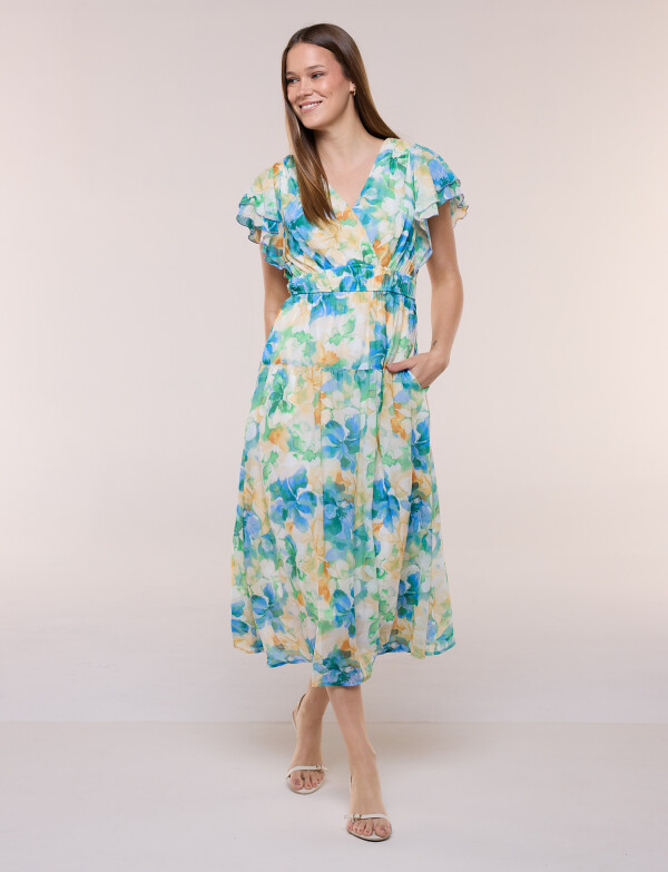 Vestido Midi De Gasa Con Mangas Con Volados MULTI/AZUL