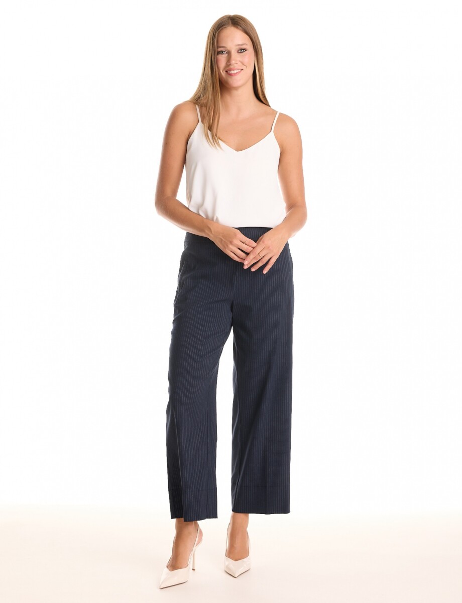 Pantalon Wide Leg Con Micro-pespunte - Azul 