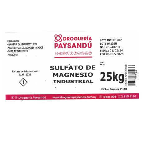 Sulfato de Magnesio Industrial 25 kg Sulfato de Magnesio Industrial 25 kg