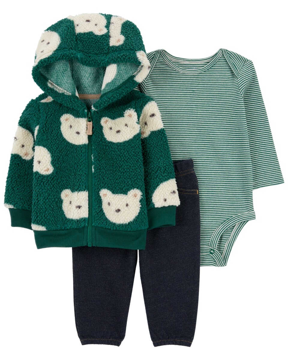 Set tres piezas, campera de sherpa, pantalón y body de algodón, diseño osos 