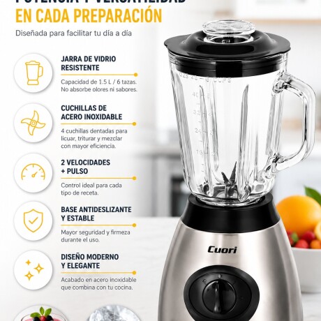 Licuadora Cuori Tullia 500W Jarra Vidrio 1,5L Pica Hielo Plateado