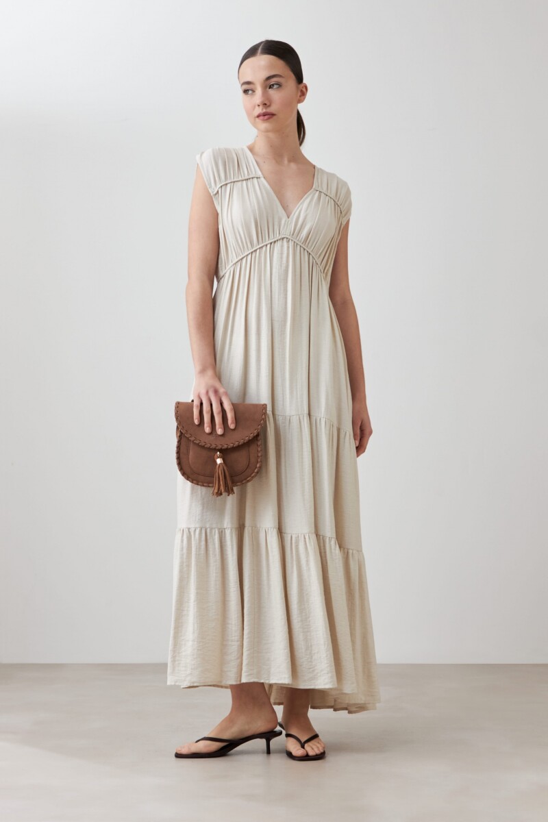 Maxi vestido con frunces beige melange