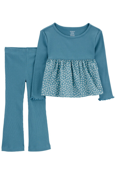 Set dos piezas de algodón acanalado, pantalón acampanado y blusa Sin color
