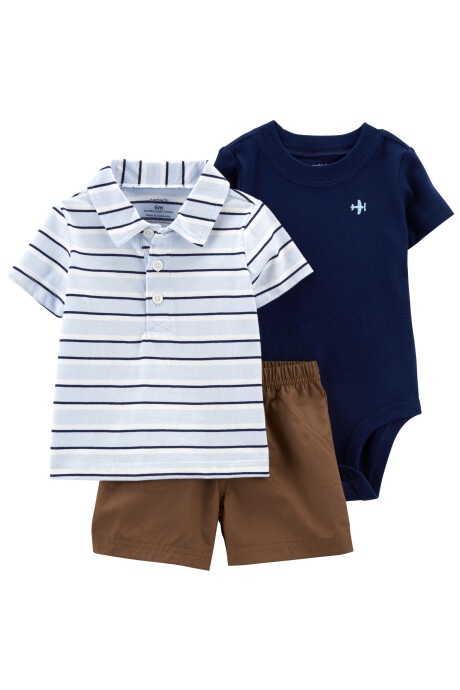 Set tres piezas short, remera polo y body de algodón Set tres piezas short, remera polo y body de algodón