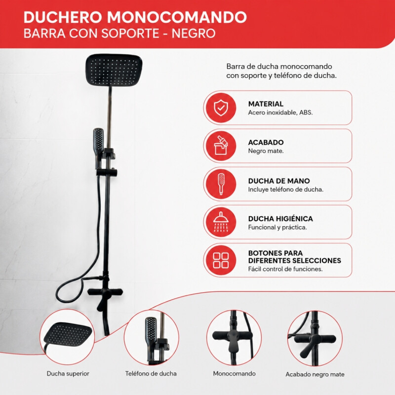 Duchero monocomando barra con soporte NEGRO