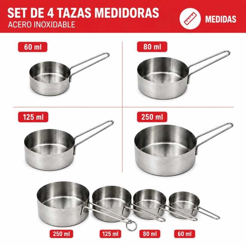 Set x 4 tazas medidoras de metal INOX