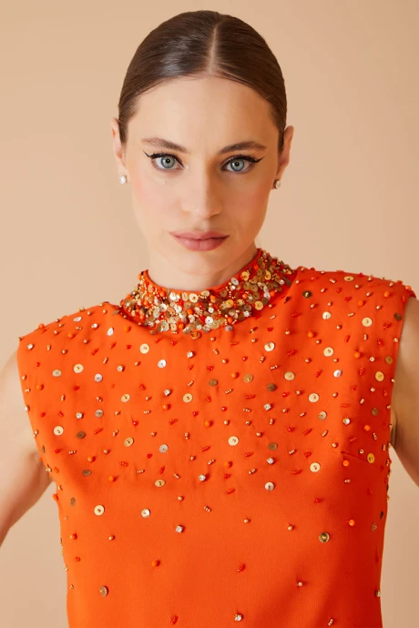 Blusa Manga Corta Con Piedras Naranja