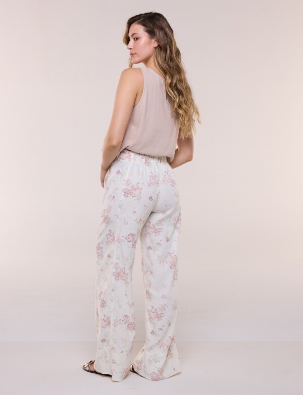 Pantalon Lino Wide Leg Con Estampa Floral CRUDO/MULTI