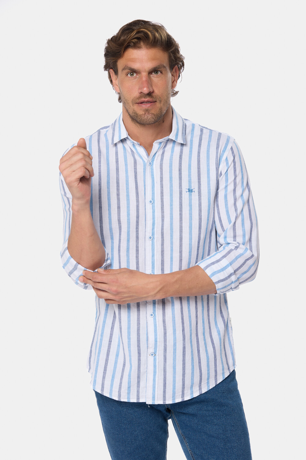 CAMISA DE LINO RAYADA Azul