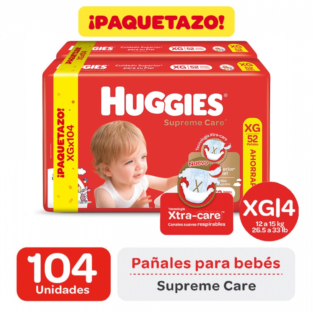 Pañales Huggies Supreme Care Talle Xg 104 Uds. 