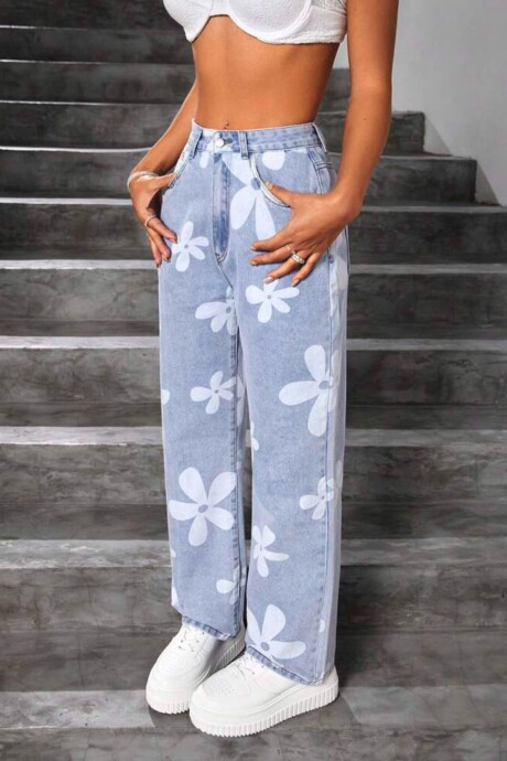 Pantalón MILEY Denim tiro alto estampado flores Azul