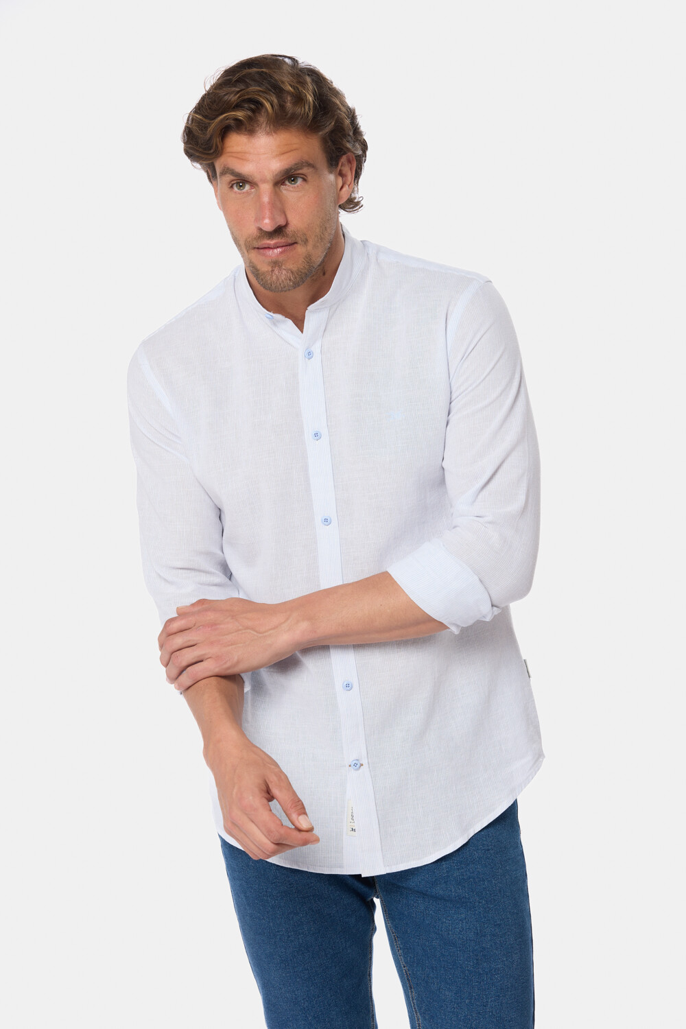 CAMISA RAYADA DE LINO CUELLO MAO Celeste