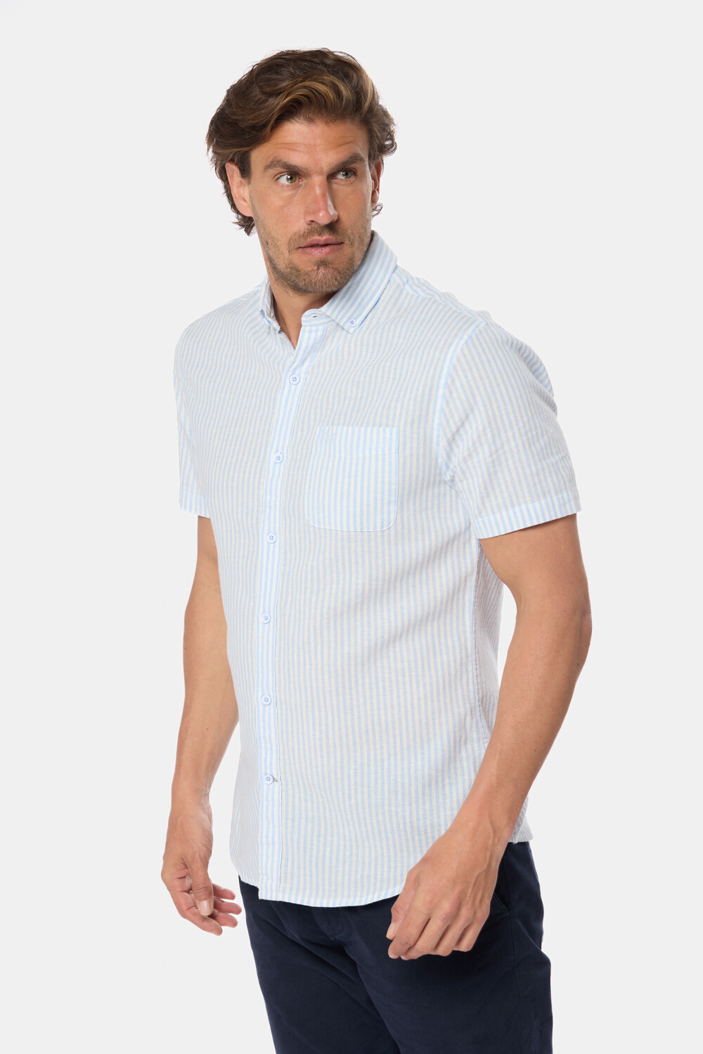 CAMISA DE LINO RAYADA Azul